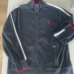 Polo Ralph Lauren black jacket with white stripes down arms and red collar